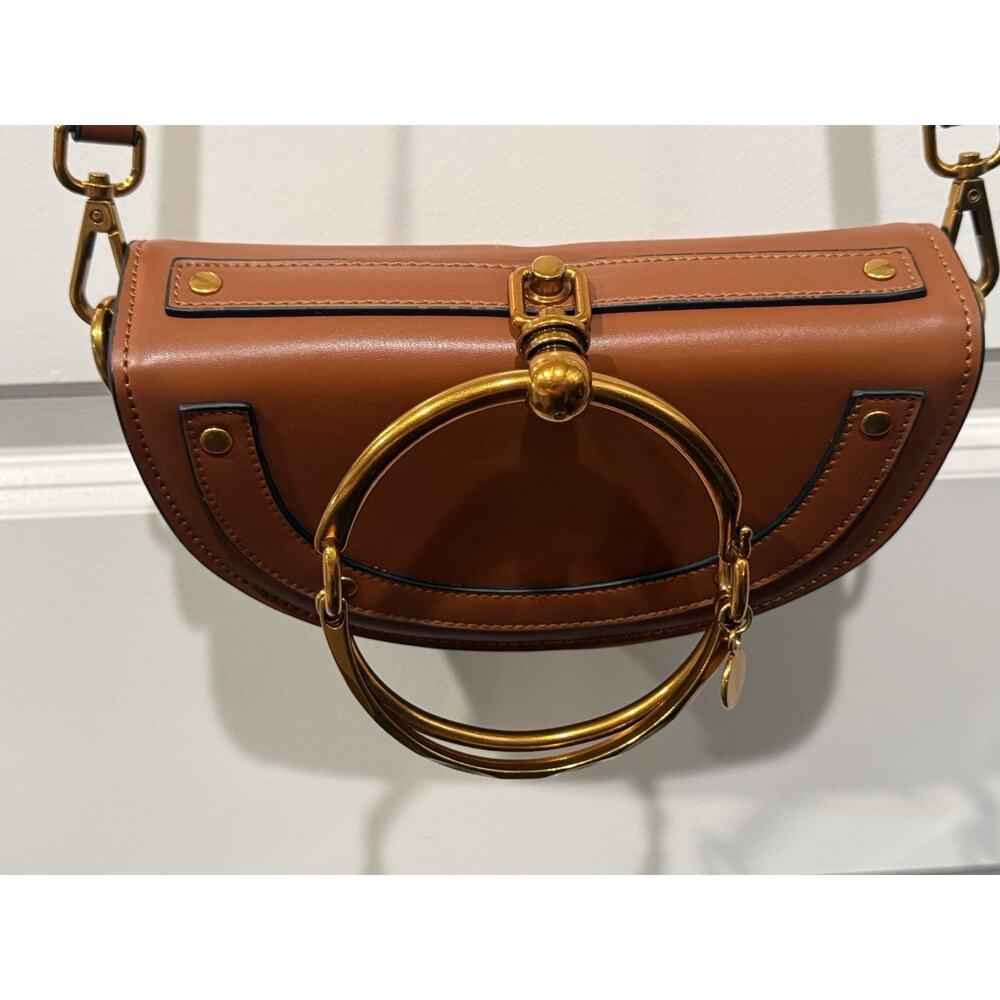 Brown Faux Leather Half Moon Crossbody Bag Gold Ring Handle Purse - Picture 3 of 8
